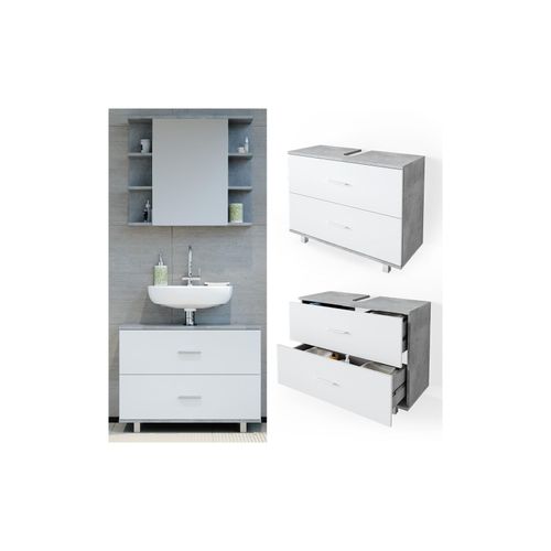 4251421949584 - VICCO Waschbeckenunterschrank ILIAS Weiß Beton Schublade Unterschrank Badezimmer