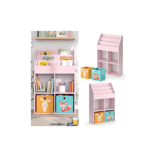 4066731335909 - Kinderbücherregal Luigi 72 x 114 cm Rosa Kinderzimmerregal offene Fächer groß Faltboxen