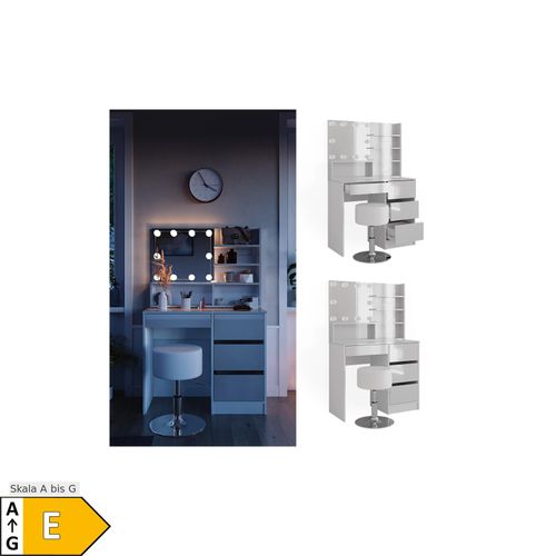 4066731346264 - Schminktisch Sherry Weiß 140 cm mit LED Beleuchtung Hocker und Spiegelregal Vicco