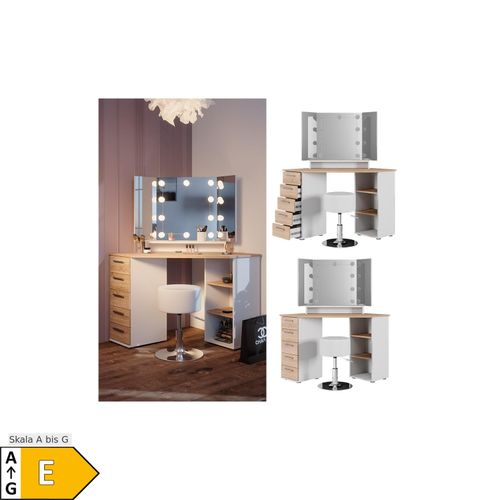 4066731231713 - Eckschminktisch Frisiertisch Frisierkommode Sofia Weiß Sonoma Spiegel LED Hocker 128x142 cm modern Ablage 4066731231713 - Eckschminktisch Frisiertisch Frisierkommode Sofia Weiß Sonoma Spiegel LED Hocker 128x142 cm modern Ablage