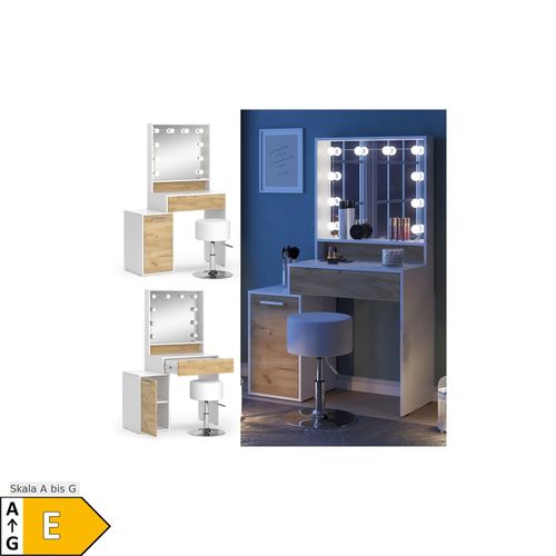 4066731347308 - Schminktisch Altea Goldkraft Eiche Weiß 95 cm mit led Beleuchtung und Hocker Vicco