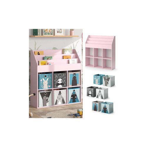 4066731335886 - Kinderbücherregal Luigi 107 x 114 cm Rosa Kinderzimmerregal Fächer Faltboxen