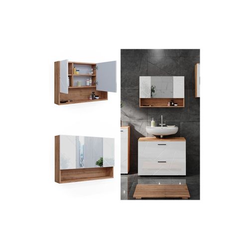 4066731273447 - Spiegelschrank Badspiegel Wandspiegel Irma Eiche Weiß Hochglanz modern 80x55 cm Badezimmer Schrank Badschrank Badezimmermöbel Badmöbel 3 Türen