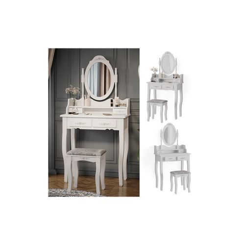 4066731230006 - Schminktisch Frisiertisch Kosmetiktisch Meghan Weiß Schminkspiegel Hocker 75x147 Barock Schlafzimmerkommode Schminkkommode Schwenkspiegel Schublade Aufbewahrung Frisierkommode Make-Up-Tisch