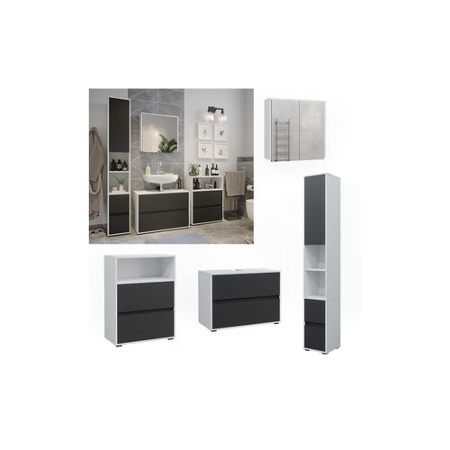4066731360116 - Badmöbel-Set Maltin Weiß Anthrazit modern Waschtischunterschrank Spiegelschrank Midischrank Hochschrank