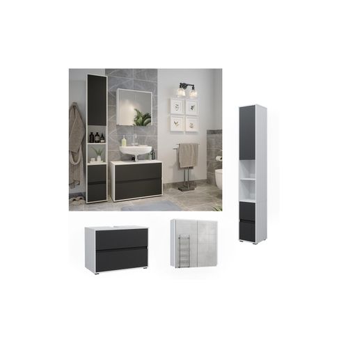 4066731360109 - Badmöbel-Set Maltin Weiß Anthrazit modern Waschtischunterschrank Spiegelschrank Hochschrank