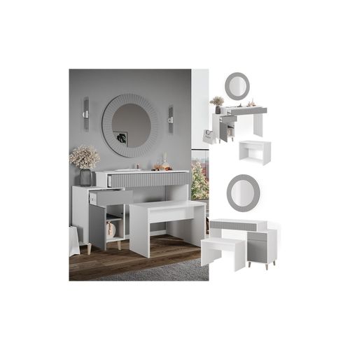 4066731227501 - Schminktisch Frisiertisch Kosmetiktisch Arles Weiß Hellgrau Schminkspiegel Bank 120x77 cm Skandi Schlafzimmerkommode Schminkkommode Schublade Ablage Aufbewahrung Frisierkommode Make-Up-Tisch 4066731227501 - Schminktisch Frisiertisch Kosmetiktisch Arles Weiß Hellgrau Schminkspiegel Bank 120x77 cm Skandi Schlafzimmerkommode Schminkkommode Schublade Ablage Aufbewahrung Frisierkommode Make-Up-Tisch