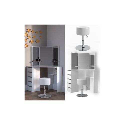 4251421924260 - Eckschminktisch Arielle Kosmetiktisch Frisiertisch Schminktisch Weiß inklusive Sitzhocker
