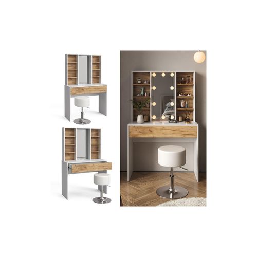 4066731347360 - Schminktisch Alexa 93 x 147 cm Weiß Eiche Hocker Frisiertisch modern 4066731347360 - Schminktisch Alexa 93 x 147 cm Weiß Eiche Hocker Frisiertisch modern