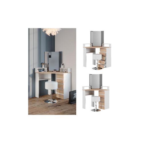 4066731231751 - Eckschminktisch Frisiertisch Frisierkommode Tilda Weiß Sonoma Spiegel Hocker 110x140 cm modern Ablage 4066731231751 - Eckschminktisch Frisiertisch Frisierkommode Tilda Weiß Sonoma Spiegel Hocker 110x140 cm modern Ablage