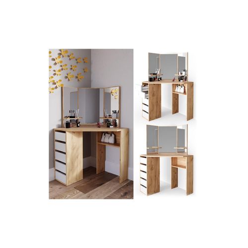 4066731220809 - Eckschminktisch Frisiertisch Schminkkommode Arielle Eiche Weiß Spiegel 110x145 cm modern Schlafzimmer Kommode Schublade Ablage Aufbewahrung Kosmetiktisch Schminkkonsole Make-Up-Tisch 4066731220809 - Eckschminktisch Frisiertisch Schminkkommode Arielle Eiche Weiß Spiegel 110x145 cm modern Schlafzimmer Kommode Schublade Ablage Aufbewahrung Kosmetiktisch Schminkkonsole Make-Up-Tisch