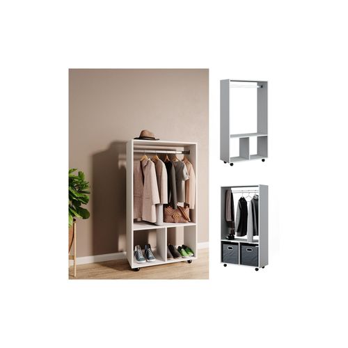 4066731049707 - Garderobe Kleiderschrank Kleiderstange Sydney Weiß rollbar offen Fach 4066731049707 - Garderobe Kleiderschrank Kleiderstange Sydney Weiß rollbar offen Fach