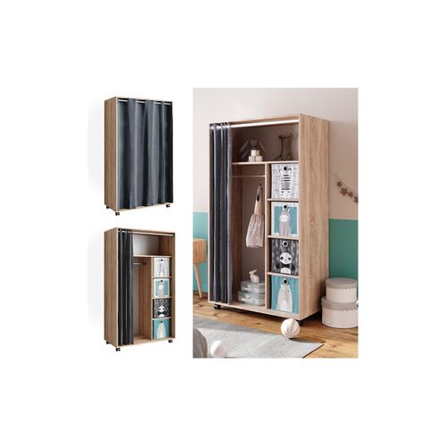 4066731276646 - mobiler Kinderkleiderschrank Dielenschrank Garderobe Doros Sonoma modern 100 x 168 cm Faltboxen offen rollbar