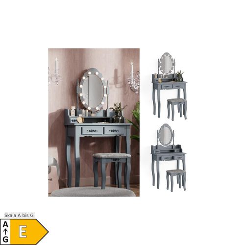 4066731230037 - Schminktisch Frisiertisch Kosmetiktisch Maggie Grau Schminkspiegel Hocker 75x147 Barock LED Beleuchtung Schlafzimmerkommode Schminkkommode Schublade Aufbewahrung Frisierkommode Make-Up-Tisch