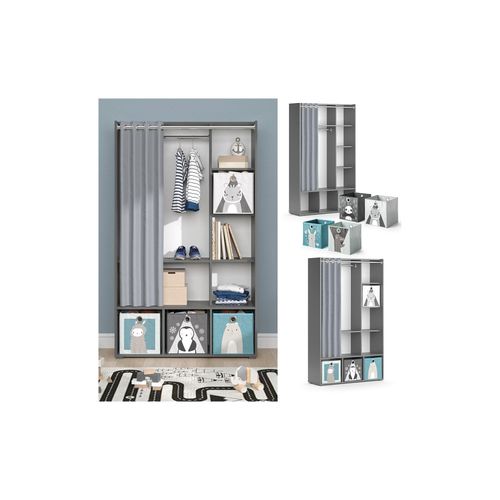 4066731276769 - Kinderkleiderschrank Kinderzimmerschrank Kindergarderobe Luigi Grau Faltbox 106 x 178 cm modern Schrankregal Jugendzimmerschrank Organizer Vorhang Kleiderstange Fächer Aufbewahrung Spielzeugablage