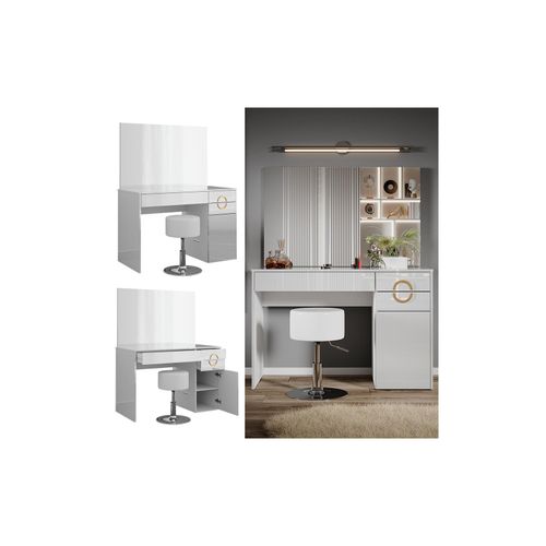4066731340590 - Schminktisch Adela Weiß Hochglanz 115 x 764 cm mit Spiegel Hocker
