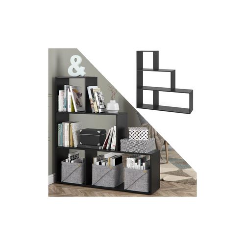 4251421933873 - VICCO Treppenregal ASYM Raumteiler Schwarz 4 Fach Bücherregal Standregal Aktenregal Regal