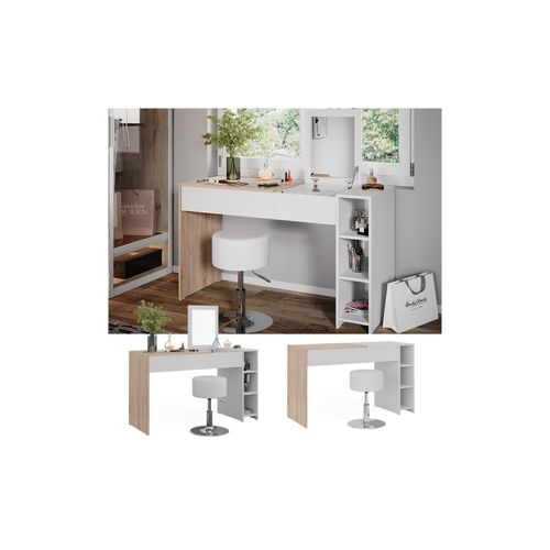 4066731336715 - Schminktisch Kira Weiß Sonoma 1296 cm mit Hocker unf einklappbarem Spiegel Vicco