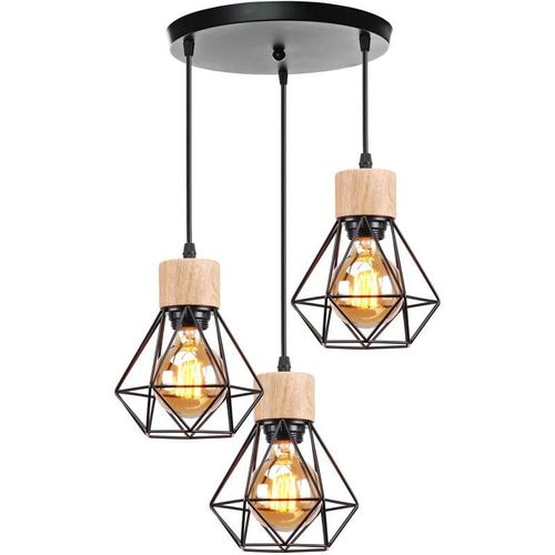 5065812986596 - Axhup - Industrial 3-flammige Pendelleuchte Metall Hölzern E27 Kronleuchter in Rautenform Lüster für Schlafzimmer Küche Bar Café Schwarz 5065812986596 - Axhup - Industrial 3-flammige Pendelleuchte Metall Hölzern E27 Kronleuchter in Rautenform Lüster für Schlafzimmer Küche Bar Café Schwarz