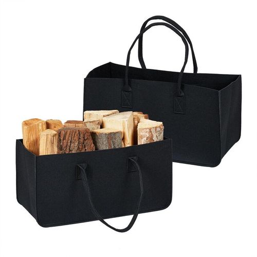 4052025470234 - Kaminholztasche aus Filz 2er Set 28 l Volumen xxl Filztasche für Kaminholz tragbarer Holzkorb schwarz - Relaxdays