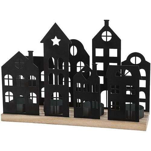 4262371536700 - Metall Teelichthalter Häuserzeile schwarz - 25 x 18 cm - Weihnachtsdorf Silhouette mit Haltern für 4 Teelichter - Weihnachten Tisch Deko Kerzenhalter