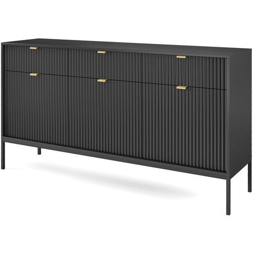 5903025880983 - Vellore Sideboard Kommode 3-türig mit 3 Schubladen Schwarz mit geriffelten Fronten 154 cm - Selsey