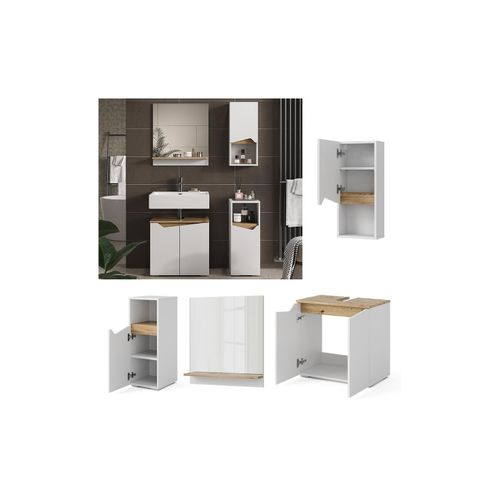 4066731340507 - Badmöbel-Set Marelle Weiß Artisan moderne Serie Badezimmer dekorative Front Waschtischunterschrank Badspiegel Midischrank Hängeschrank