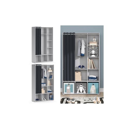 4066731276738 - Kinderkleiderschrank Kinderzimmerschrank Kindergarderobe Luigi Hellgrau 106 x 178 cm modern Schrankregal Jugendzimmerschrank Organizer Vorhang Kleiderstange Fächer Aufbewahrung Spielzeugablage