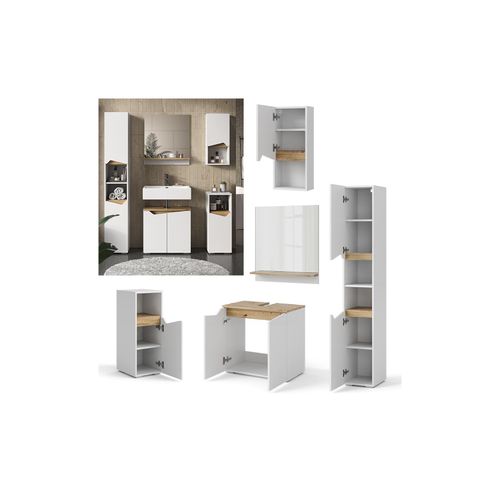 4066731347124 - Badmöbel-Set Marelle Weiß Artisan moderne Serie Badezimmer dekorative Front Waschtischunterschrank Badspiegel Midischrank Hängeschrank Hochschrank
