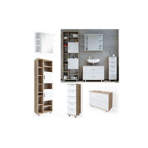 4251421952423 - VICCO Badmöbel Set ILIAS Weiß Eiche Spiegel Kommode Unterschrank Badschrank