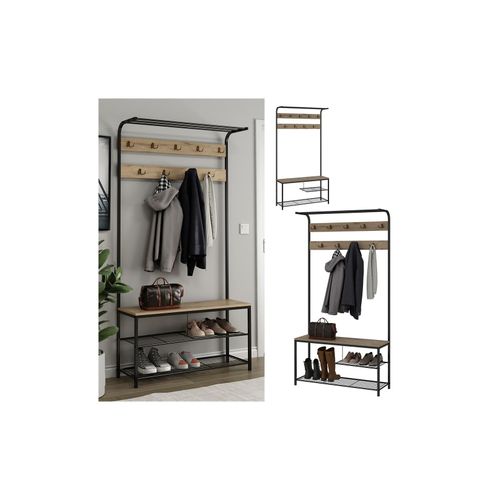 4066731338672 - Garderobe Fyrk 100 x 190 cm Eiche Schwarz Ablage Bank & Schuhregal Industrial 4066731338672 - Garderobe Fyrk 100 x 190 cm Eiche Schwarz Ablage Bank & Schuhregal Industrial