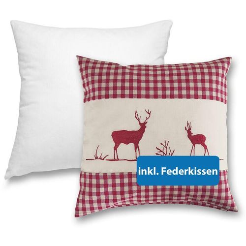 4251474134616 - Kissenbezug Kissenhülle 40x40 cm Hirsch rot mit Federkissen Füllung OekoTex - Reißverschluss Landhaus-Stil Dekokissen Zierkissen Stick kariert heller