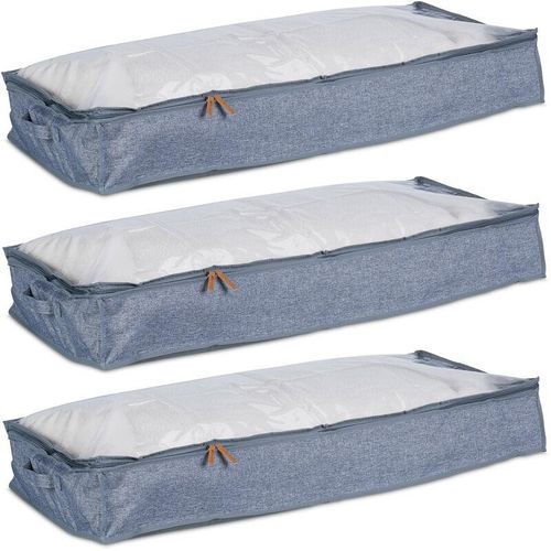 4052025480561 - Unterbettkommode 3er Set Stoff HxBxT 14x100x45 cm mit Sichtfenster Unterbettbox flach grau transparent - Relaxdays