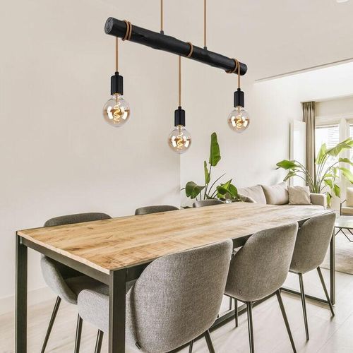 9007371480531 - Hängelampe Esstisch Pendelleuchte schwarz Wohnzimmerlampe modern Holzlampe 3-flammig Seil Höhe anpassbar Metall 3x E27 Fassung LxBxH 60x5x120 cm