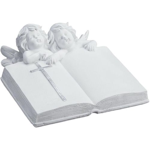 4052025472429 - Relaxdays - Grabengel mit Buch Kunststein wetter- frost- & UV-beständig h x b x t 10 x 20 x 20 cm Grabschmuck weiß