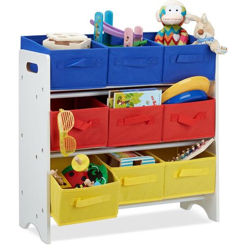 4052025227548 - Kinderregal mit Boxen 9 faltbare Körbe mit Henkeln Metallrohre Spielzeug mdf HxBxT 62x63x28cm weiß bunt - Relaxdays