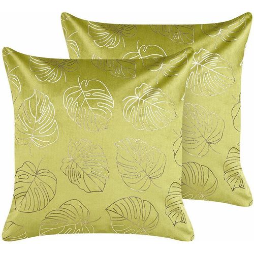 4251682294270 - Beliani - Dekokissen 2er Set Hellgrün Samtstoff mit Füllung 45x45 cm Pflanzenmotiv Gold Monstera-Blatt Accessories Wohn- u Schlafzimmer Flur