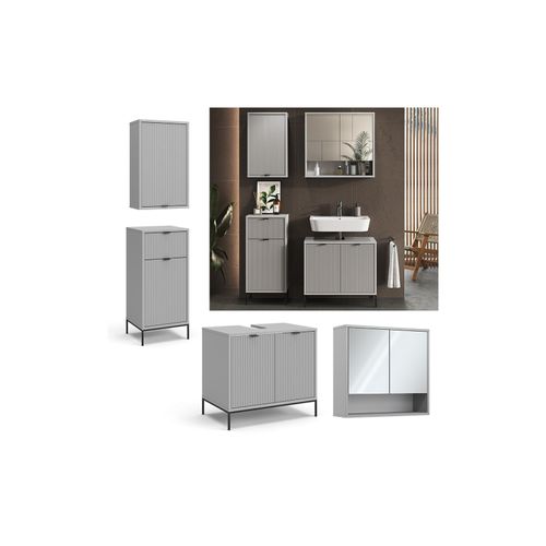 4066731326334 - Badmöbel-Set Eliza Grau Badezimmer moderne Badserie extravagante Fronten Waschtischunterschrank Spiegelschrank Midischrank Hängeschrank