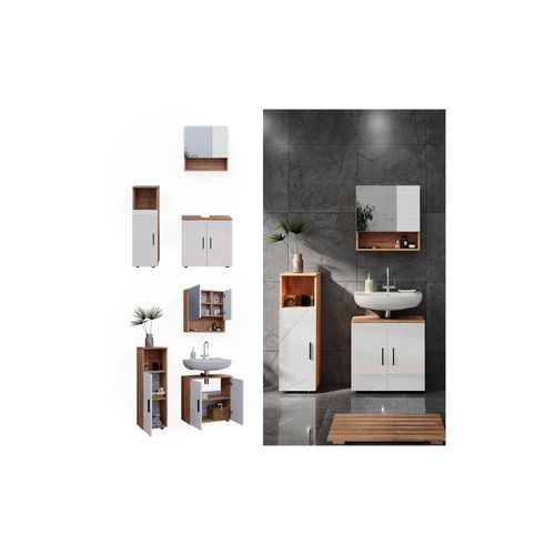 4066731273386 - Badmöbelset Irma Eiche Weiß Hochglanz modern Badezimmerschrank Badschrank Badezimmermöbel Waschtischunterschrank Spiegelschrank Midischrank Schranktür Schrankfach