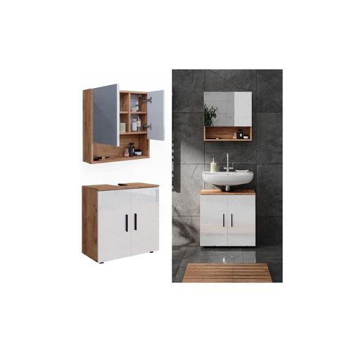 4066731273423 - Badmöbelset Irma Eiche Weiß Hochglanz modern Badezimmerschrank Badschrank Badezimmermöbel Waschtischunterschrank Spiegelschrank Schranktür Schrankfach