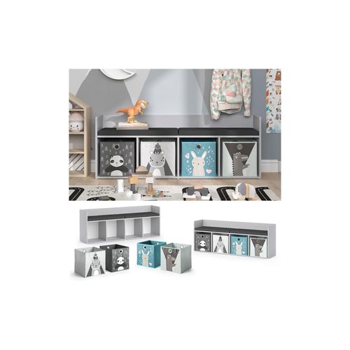 4066731272143 - Sitzbank Kinderzimmerbank Kinderregal Luigi Hellgrau 142x53 cm modern Faltbox Kinderzimmer Regal Aufbewahrungsregal Bücherregal Lesebank Spielzeugaufbewahrung Organizer Regal-Bank-Kombi 4 Fächer