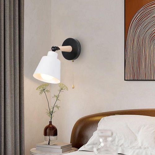 6033797035676 - Metall Hölzern Wandleuchte E27 Wandlampe + 18M Steckdose Nordisch Moderne Leuchte in Macaron-Farbe für Schlafzimmer Wohnzimmer Café Mattweiß