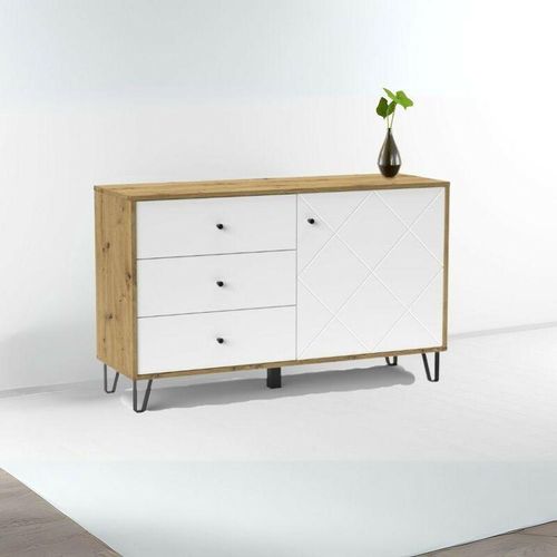 0784196612260 - Toscohome - Sideboard mit 3 Schubladen und Tür 123 cm Eiche und weiß - Bollo