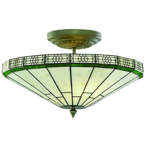 5013874251879 - New York - 2 Licht Semi Flush Deckenleuchte Antik Messing Tiffany Glas E14 - Searchlight