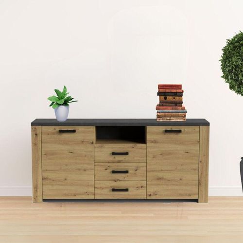 0784196612345 - Toscohome - Sideboard mit 2 Türen und 3 Schubladen in Eiche und Anthrazit - Follow