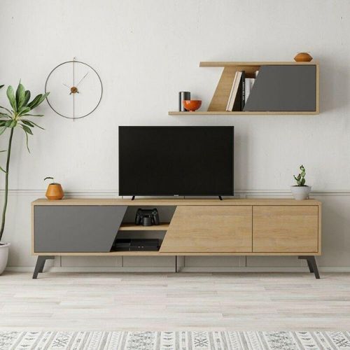 0784196609840 - Toscohome - TV-Schrank 180cm mit Wandregal in Eiche und Anthrazit - Fiona