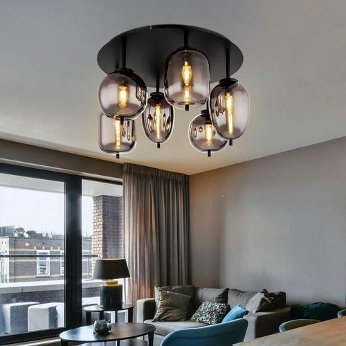 9007371464470 - - Deckenleuchte Deckenlampe Esszimmerlampe Glas rauchfarben 6 flammig Metall schwarz 6x E14 Fassungen DxH 65x38cm