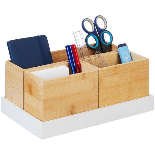 4052025479862 - Bambus Organizer 4-teiliges Set Schreibtischutensilien Kosmetik für Büro Bad Ablageschale natur weiß - Relaxdays