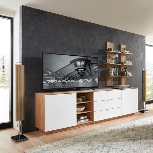 4066075140054 - Lomadox - tv Sideboard Set mit Wandregalen Fernsehschrank Eiche mit weiß Breite 240 cm CUST-36