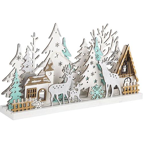 4262371537578 - Spetebo - Holz Winterlandschaft 30 cm beleuchtet - 15 led warmweiß - Weihnachts Fenster Deko Aufsteller Winter Haus Silhouette